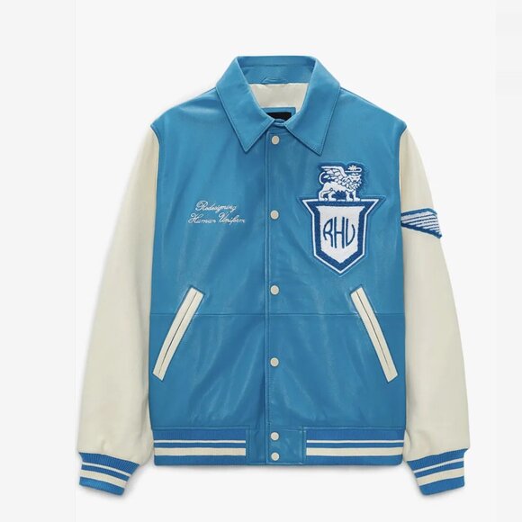 Zara X Rhuigi Leather Varsity Bomber Jacket Blue White NWT - Picture 2 of 13